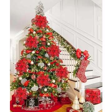 18 PCS Poinsettia Artificial Christmas Flowers, Christmas Tree Flowers Decorations,Christmas Decor Glitter Poinsettia with Clips,Red Poinsettia Flowers for Christmas Tree Ornaments Xmas Decor