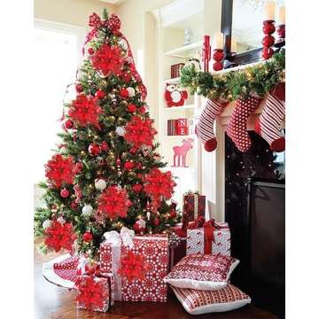 18 PCS Poinsettia Artificial Christmas Flowers, Christmas Tree Flowers Decorations,Christmas Decor Glitter Poinsettia with Clips,Red Poinsettia Flowers for Christmas Tree Ornaments Xmas Decor