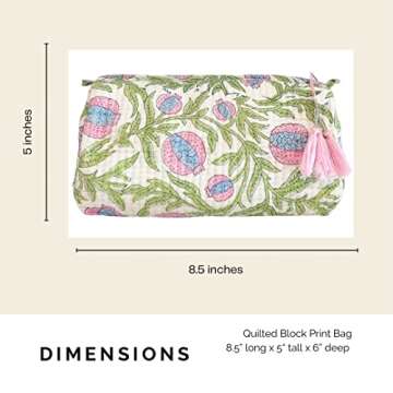 Palmetto Home Block Print Designer Toiletry Bag & Makeup Case - Boho Floral Quilted Pouch for Cosmetics