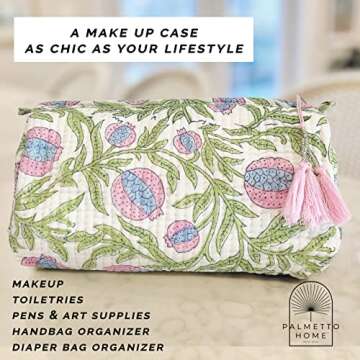 Palmetto Home Block Print Designer Toiletry Bag & Makeup Case - Boho Floral Quilted Pouch for Cosmetics