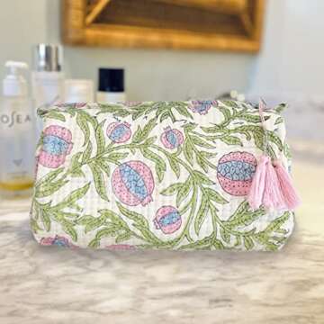 Palmetto Home Block Print Designer Toiletry Bag & Makeup Case - Boho Floral Quilted Pouch for Cosmetics