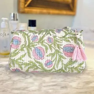 Palmetto Home Block Print Designer Toiletry Bag & Makeup Case - Boho Floral Quilted Pouch for Cosmetics