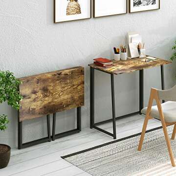 4NM 31.5" Small Desk No-Assembly Folding Computer Desk Home Office Desk Study Writing Table for Small Space Offices - Rustic Brown and Black