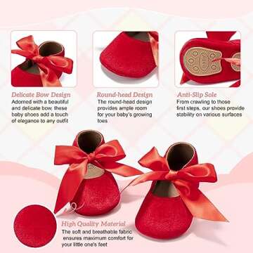 KIDSUN Infant Baby Girls Mary Jane Shoes Soft Sole Ballet Slippers Bow Princess Newborn Dress Wedding Flat Shoes (3-6 Months Infant, A-red(Velvet), 3_Months)