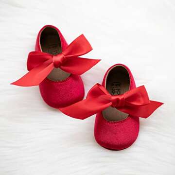 KIDSUN Infant Baby Girls Mary Jane Shoes Soft Sole Ballet Slippers Bow Princess Newborn Dress Wedding Flat Shoes (3-6 Months Infant, A-red(Velvet), 3_Months)