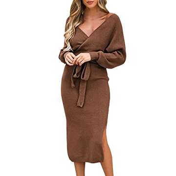 Viottiset Women's Long Batwing Sleeve V Neck Midi Wrap Dress - Brown