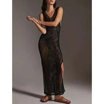 Bsubseach Women Crochet Swimsuit Cover Up Backless Bikini Beach Cover Ups Summer Tank Resort Wear Black