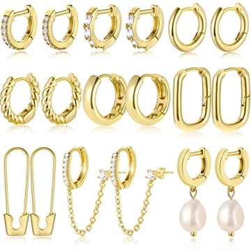 9 Pairs Small Gold Huggie Hoop Earrings for Women, 14K Gold Plated Lightweight Cartilage Earring Set...