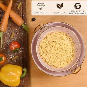 Metal Colander Set of 2, Strainer Basket with Handles 3.5 & 5 Qt Powder Coated Self-draining Solid Ring Base Metal Large Kitchen Colander Bowel for Pasta Vegetable Fruit (PINK)