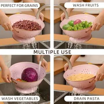 Metal Colander Set of 2, Strainer Basket with Handles 3.5 & 5 Qt Powder Coated Self-draining Solid Ring Base Metal Large Kitchen Colander Bowel for Pasta Vegetable Fruit (PINK)