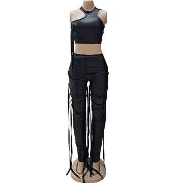 MESLIMA Women's Sleeveless PU Leather 2 Piece Outfit