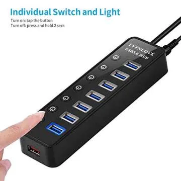 USB Hub 3.0 Powered, LYFNLOVE USB Extender Multiple USB Port USB Hub Splitter for Laptop PC with Power Adapter and 1 Charging Port, USB Expander with On/Off Switches for MacBook, iMac, Surface Pro
