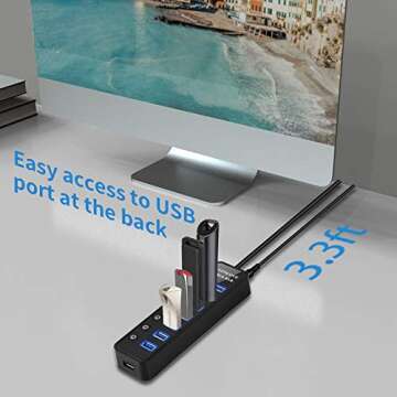 USB Hub 3.0 Powered, LYFNLOVE USB Extender Multiple USB Port USB Hub Splitter for Laptop PC with Power Adapter and 1 Charging Port, USB Expander with On/Off Switches for MacBook, iMac, Surface Pro