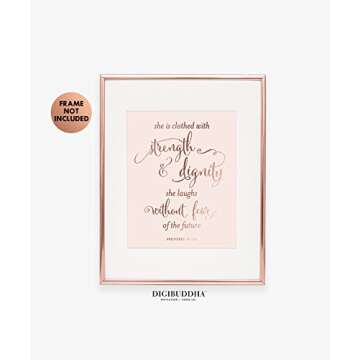 She Is Clothed With Strength And Dignity Gold Silver Rose Foil Print Script Bible Verse Proverbs 31:...