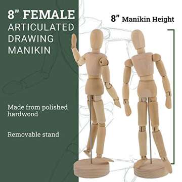 US Art Supply® Wood 8" Female - Artist Drawing Manikin Articulated Mannequin with Base and Flexible...