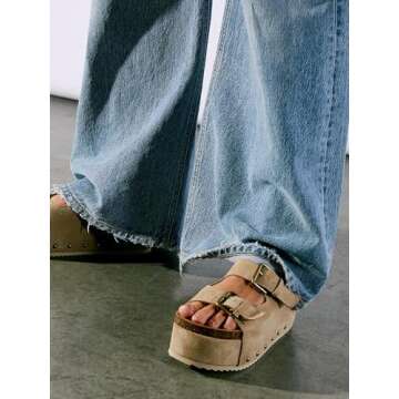 heelchic Platform Sandals Women, Chunky Platform Wedges with Arch Support, Double Buckle Slide Sandals Casual Open Toe Tan 8.5