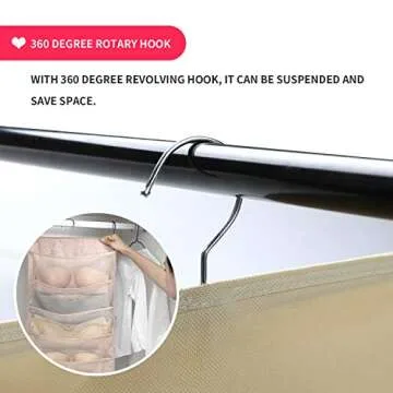 Enlarged Closet Hanging Bra Organizer with Rotating Metal Hanger, Dual Sided Wall Shelf Wardrobe Mesh Pockets Hanging Storage Bag for Bra Socks Underwear Underpants