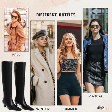 CYNLLIO Womens Knee High Boots Square Toe Kitten Heel Tall Boots Pull on Wide Calf Black Boots Low Heel Comfy Long Boots