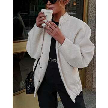Athlisan Womens Oversized Wool Blend Bomber Jacket Casual Button Down Varsity Jacket with Pockets(Beige-M)