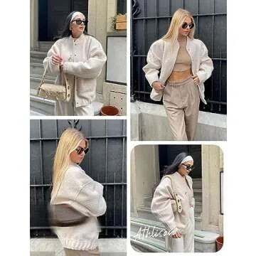 Athlisan Womens Oversized Wool Blend Bomber Jacket Casual Button Down Varsity Jacket with Pockets(Beige-M)