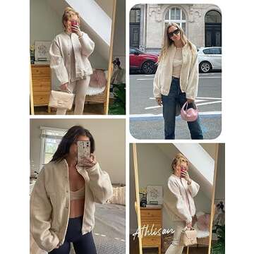 Athlisan Womens Oversized Wool Blend Bomber Jacket Casual Button Down Varsity Jacket with Pockets(Beige-M)