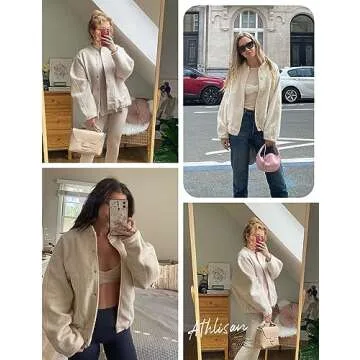 Athlisan Womens Oversized Wool Blend Bomber Jacket Casual Button Down Varsity Jacket with Pockets(Beige-M)
