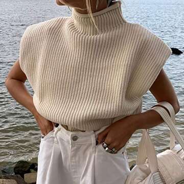 Luckinbaby Casual Women’s Knit Sweater Vest Turtleneck Sleeveless Knitted Tank Tops Shoulder Pads ...