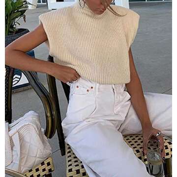 Luckinbaby Casual Women’s Knit Sweater Vest Turtleneck Sleeveless Knitted Tank Tops Shoulder Pads Fall Winter Knitwear Shirts Apricot