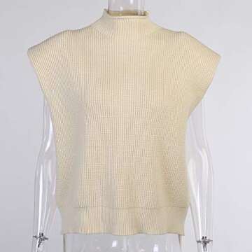Luckinbaby Casual Women’s Knit Sweater Vest Turtleneck Sleeveless Knitted Tank Tops Shoulder Pads Fall Winter Knitwear Shirts Apricot