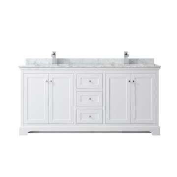 Wyndham Collection Avery 72 Inch Double Bathroom Vanity in White, White Carrara Marble Countertop, Undermount Square Sinks, and No Mirror