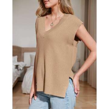 Misakia Womens Sleeveless Sweater Vest Cropped Knit Sexy V Neck Casual Basic Pullover Tank Tops Fashion Trendy Knitwear Khaki XL