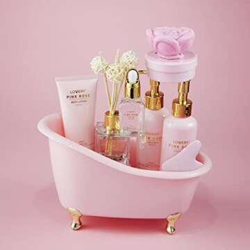 Valentines Day Pink Rose Relaxing Spa Gift Box Basket for Her with Perfume, Birthday Gifts For Women, Mothers Day Self Care Gift Boxes For Women, Mom, Sister, Best Friend - Unique Bath Set Gift Ideas