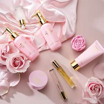 Valentines Day Pink Rose Relaxing Spa Gift Box Basket for Her with Perfume, Birthday Gifts For Women, Mothers Day Self Care Gift Boxes For Women, Mom, Sister, Best Friend - Unique Bath Set Gift Ideas