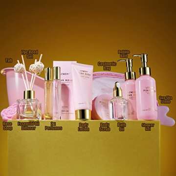 Valentines Day Pink Rose Relaxing Spa Gift Box Basket for Her with Perfume, Birthday Gifts For Women, Mothers Day Self Care Gift Boxes For Women, Mom, Sister, Best Friend - Unique Bath Set Gift Ideas