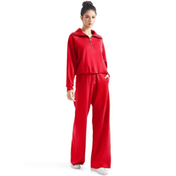 SUUKSESS Women 2 Piece Lounge Matching Sets Wide Leg Sweatpants Half Zip Oversized Sweatshirts (Red, XS)