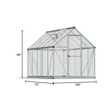 Canopia 6x10 Greenhouse Kit, Hobby Walk-In Twin-Wall UV Polycarbonate Heavy Duty Aluminum Frame, Lockable Door, Adjustable Roof Vent, Rain Gutters, Galvanized Steel Base, Mythos (Silver)