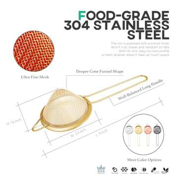 Homestia 3.3" Fine Mesh Strainer for Kitchen, 304 Stainless Steel, Cocktail Sieve, Food Sifters, Liquid Strainer Cup Strainer for Drinks, Tea, Coffee, Juice, Flour, Spice (Gold)
