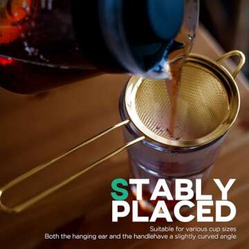 Homestia 3.3" Fine Mesh Strainer for Kitchen, 304 Stainless Steel, Cocktail Sieve, Food Sifters, Liquid Strainer Cup Strainer for Drinks, Tea, Coffee, Juice, Flour, Spice (Gold)