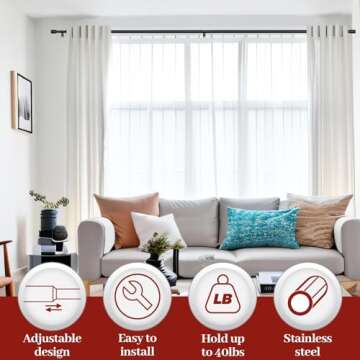 Kuianroll Heavy Duty Curtain Rods for Windows 48 to 84 Inch, 1 inch Diameter Long Curtain Rod with Brackets,Adjustable Black Curtain Rod for Living room,Bedroom(Black,30" to 90")