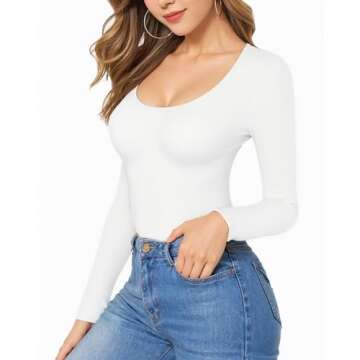 MANGOPOP Womens Scoop Neck Long Sleeve Slim Fit T Shirt Tunic Tops Tee (A Long Sleeve White, Large)