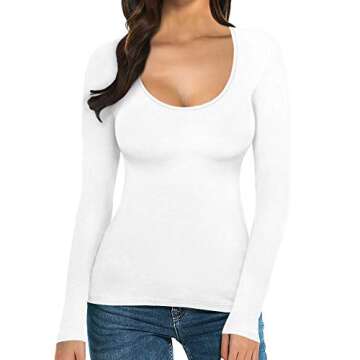 MANGOPOP Womens Scoop Neck Long Sleeve Slim Fit T Shirt Tunic Tops Tee (A Long Sleeve White, Large)