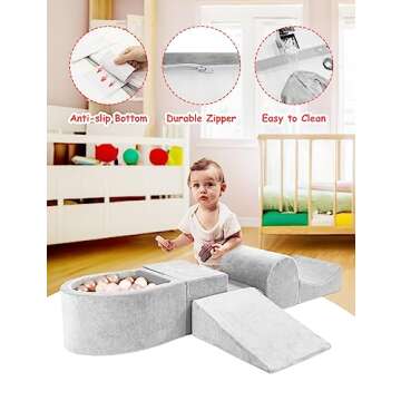 HOFISH 5-Piece Foam Playset for Toddler Children, Playset Designed Easy to Clean or Install, Children Indoor Active Climbing Crawling and Playing -(Balls NOT Included) Light Grey
