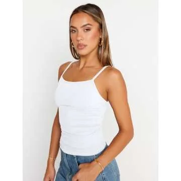 Trendy Queen Womens Tank Tops Camisole Square Neck Summer Spaghetti Strap Sleeveless Crop Going Out Fashion Shirt Basic Casual White M