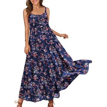 YESNO Summer Dresses for Women Casual Loose Bohemian Floral Dress with Pockets Spaghetti Strap Maxi ...
