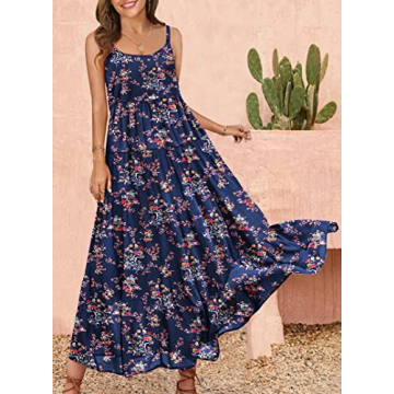 YESNO Summer Dresses for Women Casual Loose Bohemian Floral Dress with Pockets Spaghetti Strap Maxi Dress for Beach Vacation L E75 CR30
