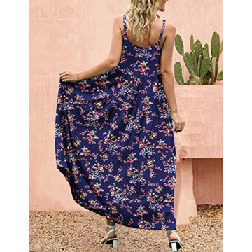 YESNO Summer Dresses for Women Casual Loose Bohemian Floral Dress with Pockets Spaghetti Strap Maxi Dress for Beach Vacation L E75 CR30