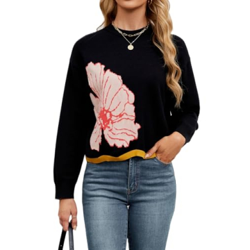 Women's Floral Printed Crewneck Sweater 2024 Fall Cropped Long Sleeve Ribbed Knit Pullover Jumper To...