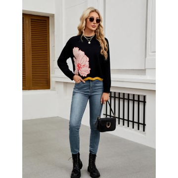 Women's Floral Printed Crewneck Sweater 2024 Fall Cropped Long Sleeve Ribbed Knit Pullover Jumper Tops Black