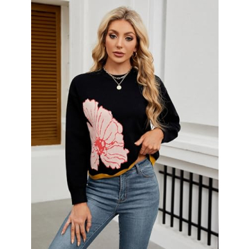 Women's Floral Printed Crewneck Sweater 2024 Fall Cropped Long Sleeve Ribbed Knit Pullover Jumper Tops Black
