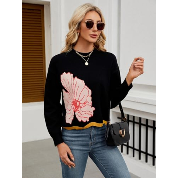 Women's Floral Printed Crewneck Sweater 2024 Fall Cropped Long Sleeve Ribbed Knit Pullover Jumper Tops Black